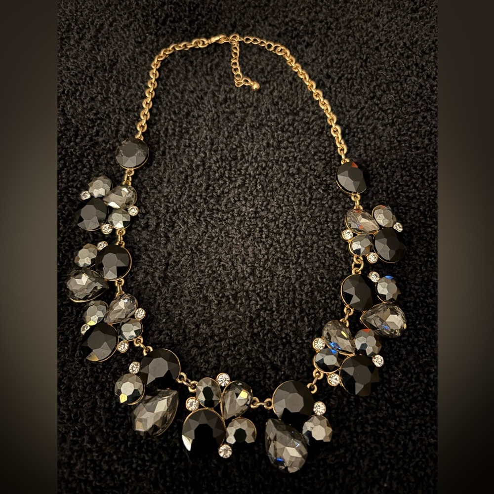 18" gold tone statement necklace with black, silver beads and rhinestones